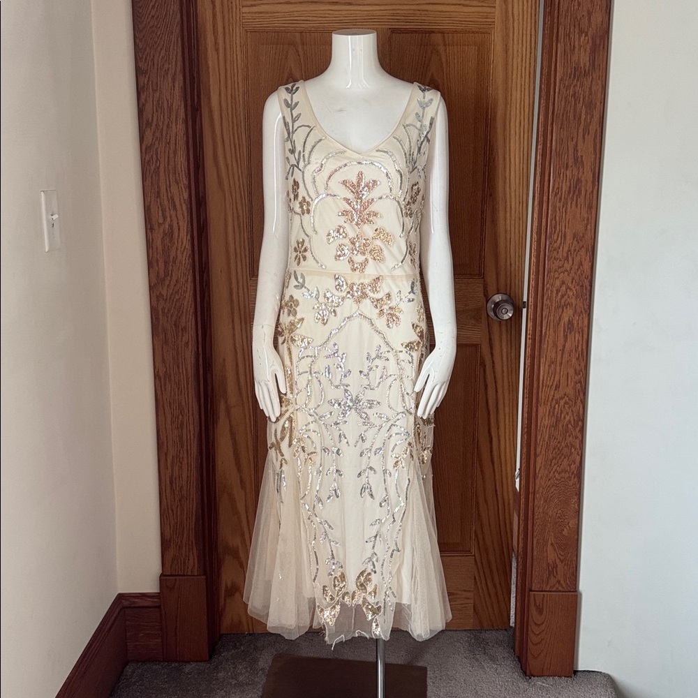 Cream Silver Gold Sequin Tulle Cocktail Dress Flared Hem SIZE XXL